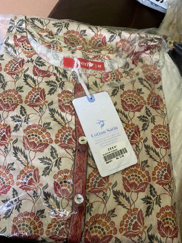 Zeen Lawn medium printed cotton satin shirt beige n maroon