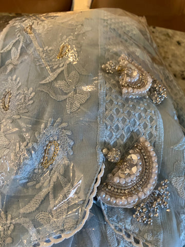 Desi rack sky blue chikan kari 3 piece suit large