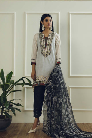 Ethnic off white n black large formal shirt n dupatta