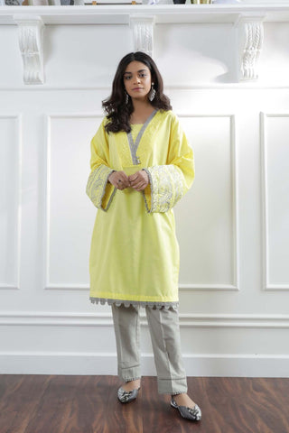 Ethnic large yellow and gray 2 piece suit cotton